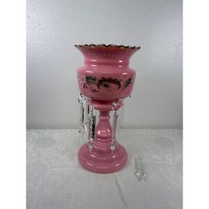 Vintage Pink Bristol Glass Mantle Luster Vase Hand Painted Floral Crystal Prisms
